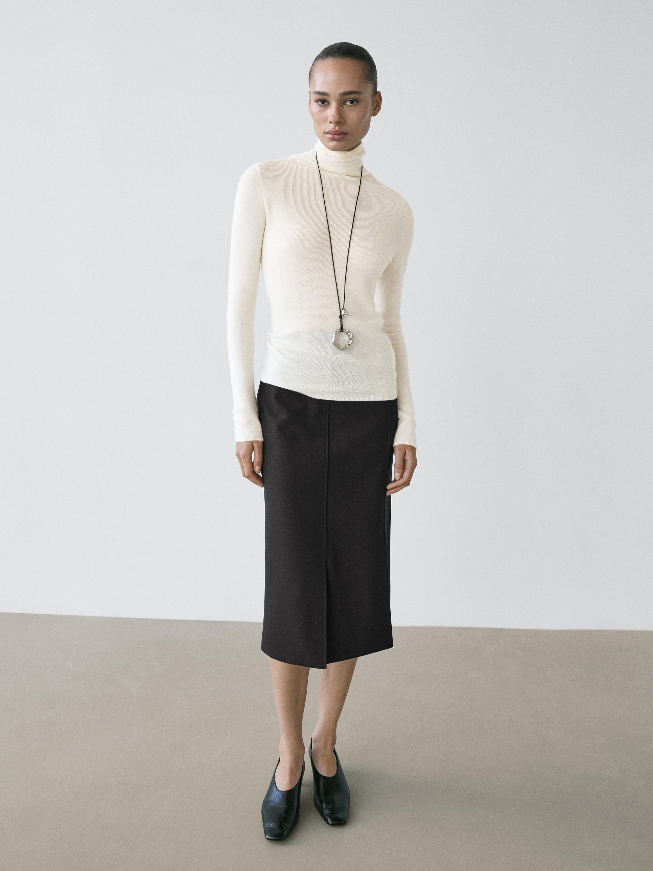 Straight fit wool blend midi skirt with slit